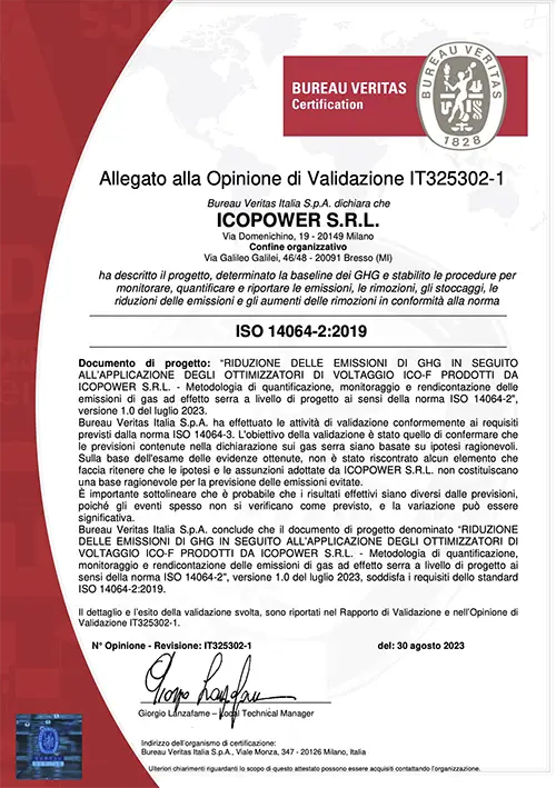 Bureau Veritas validation of ISO 14064-2:2019 issued to Icopower for ICO-F voltage optimisers